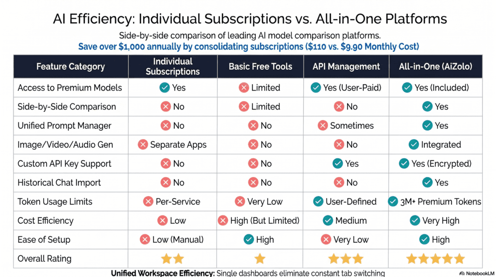 Comparison table graphic of AI model comparison tool features and pricing