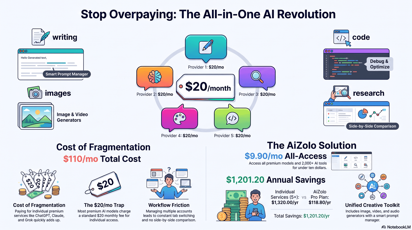 Infographic comparing AI chatbot subscription pricing convergence around twenty dollars per month
