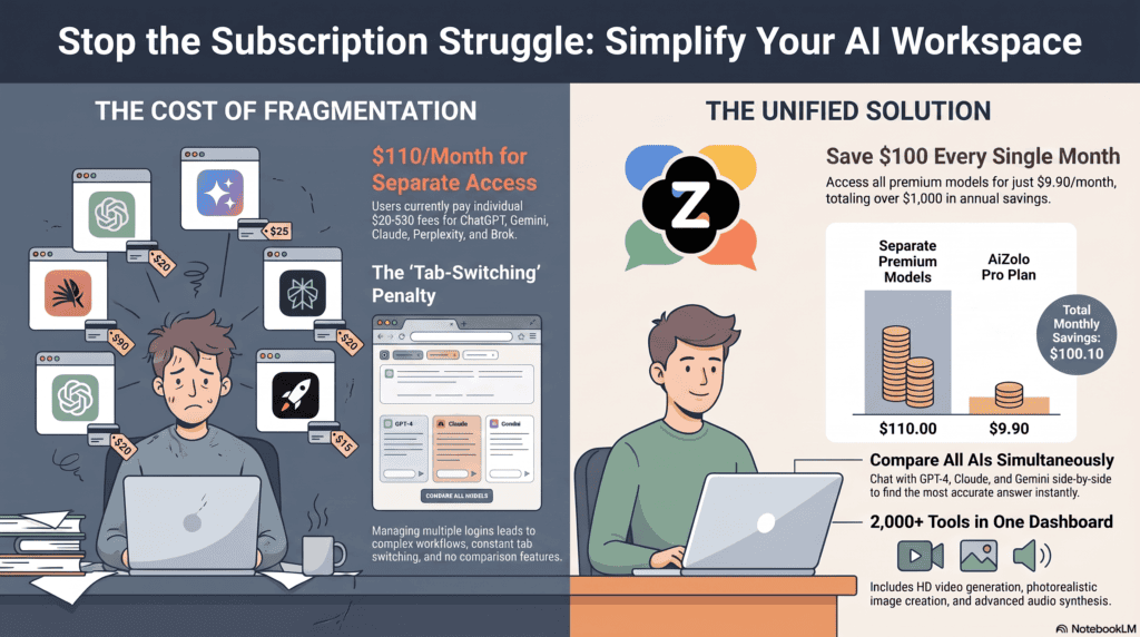 AI Subscription Bundles: The Complete 2026 Guide to Cost, Value, and the Right Choice for You 3 Person comparing multiple AI subscriptions versus one AI subscription bundle