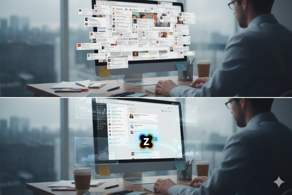 Split screen showing chaotic multi-tab browser vs organized single interface