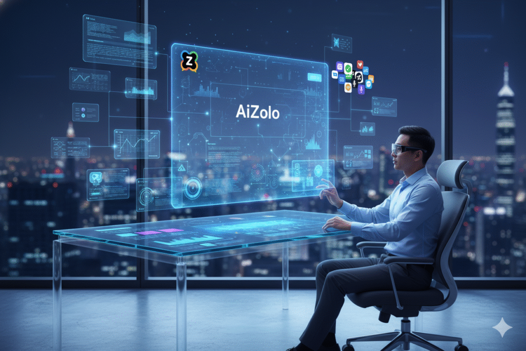 Futuristic AI workspace concept showing seamless integration