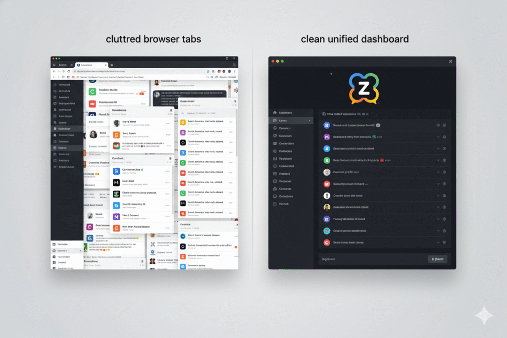 Split screen showing multiple AI chatbot interfaces with cluttered browser tabs versus a clean unified dashboard