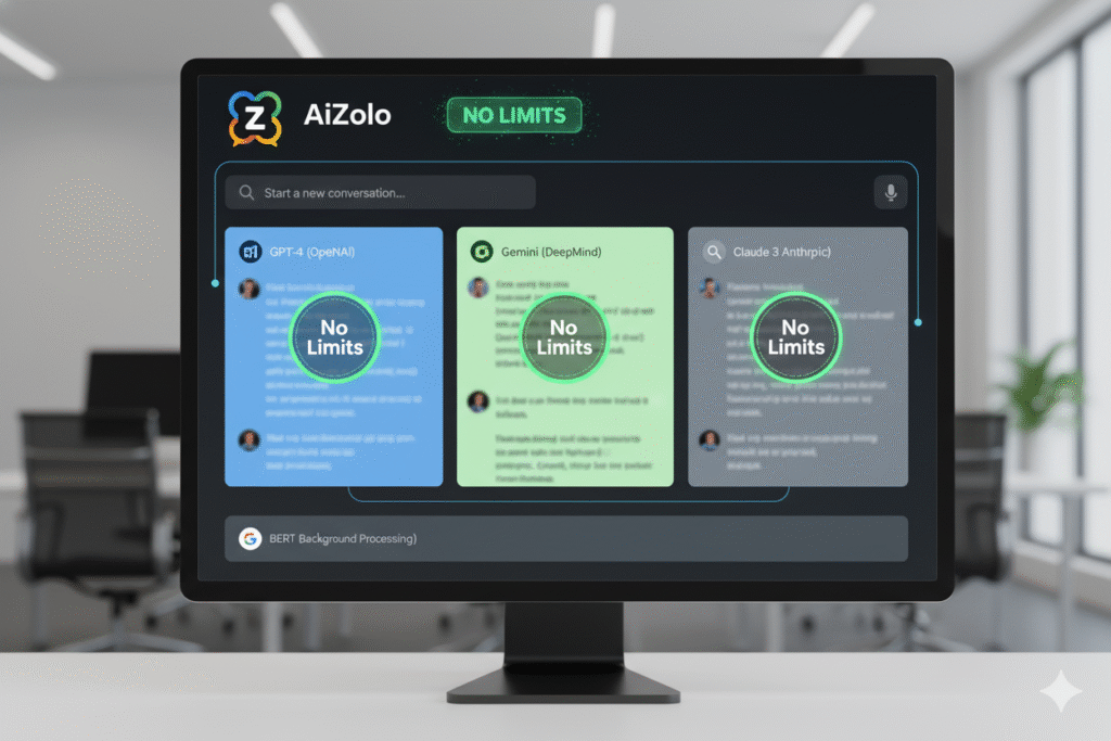 Unlimited AI Chat Subscription No Message Limits: The Complete 2025 Guide to Breaking Free 2 Clean AiZolo dashboard showing multiple AI chat windows side by side with "No Limits" badge