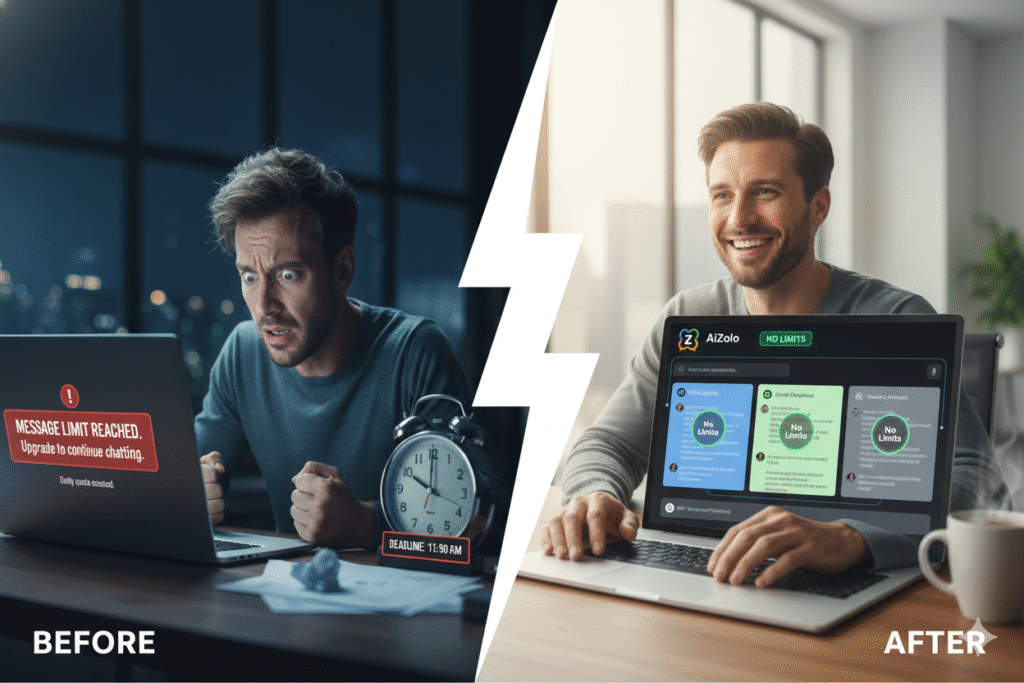 Unlimited AI Chat Subscription No Message Limits: The Complete 2025 Guide to Breaking Free 3 Before/after split screen showing stressed user with "limit reached" vs happy user working freely with unlimited access