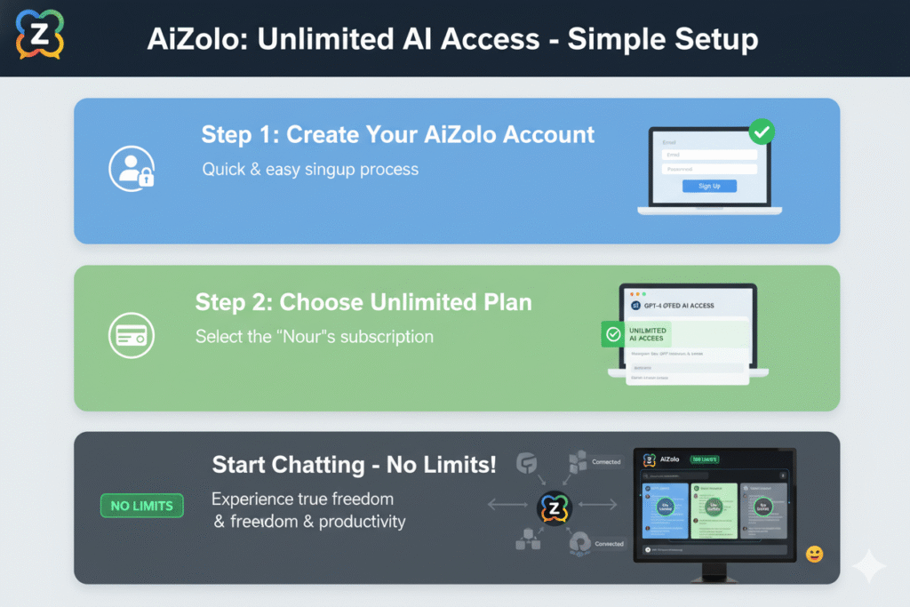 Unlimited AI Chat Subscription No Message Limits: The Complete 2025 Guide to Breaking Free 4 Step-by-step infographic showing the process of setting up unlimited AI access with AiZolo
