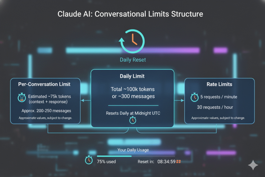 Claude 4.5 Sonnet Message Limit Workaround: 7 Smart Solutions for Unlimited AI Access in 2025 1 Infographic showing Claude's limit structure with clock icons and reset timers