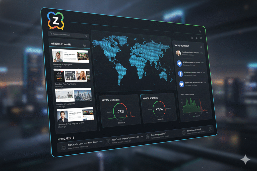 Dashboard showing real-time competitor monitoring across multiple channels - website changes, social mentions, review sentiment graphs, news alerts