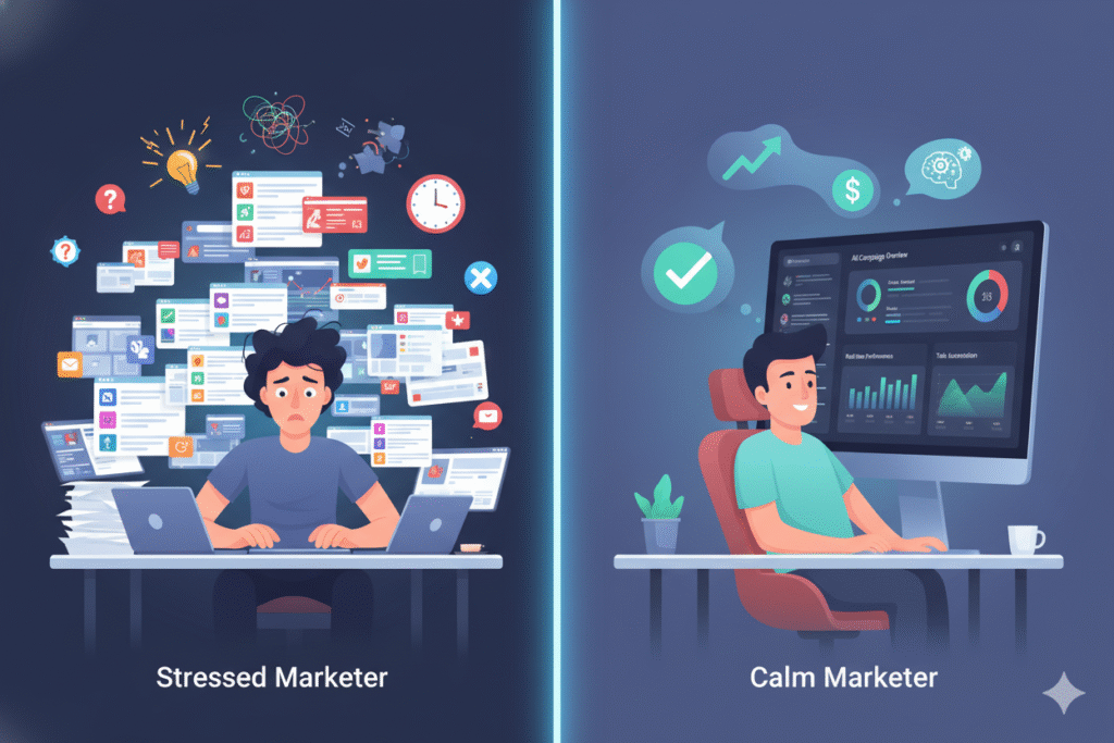Split-screen illustration showing stressed marketer with multiple browser tabs open vs. calm marketer using single unified dashboard