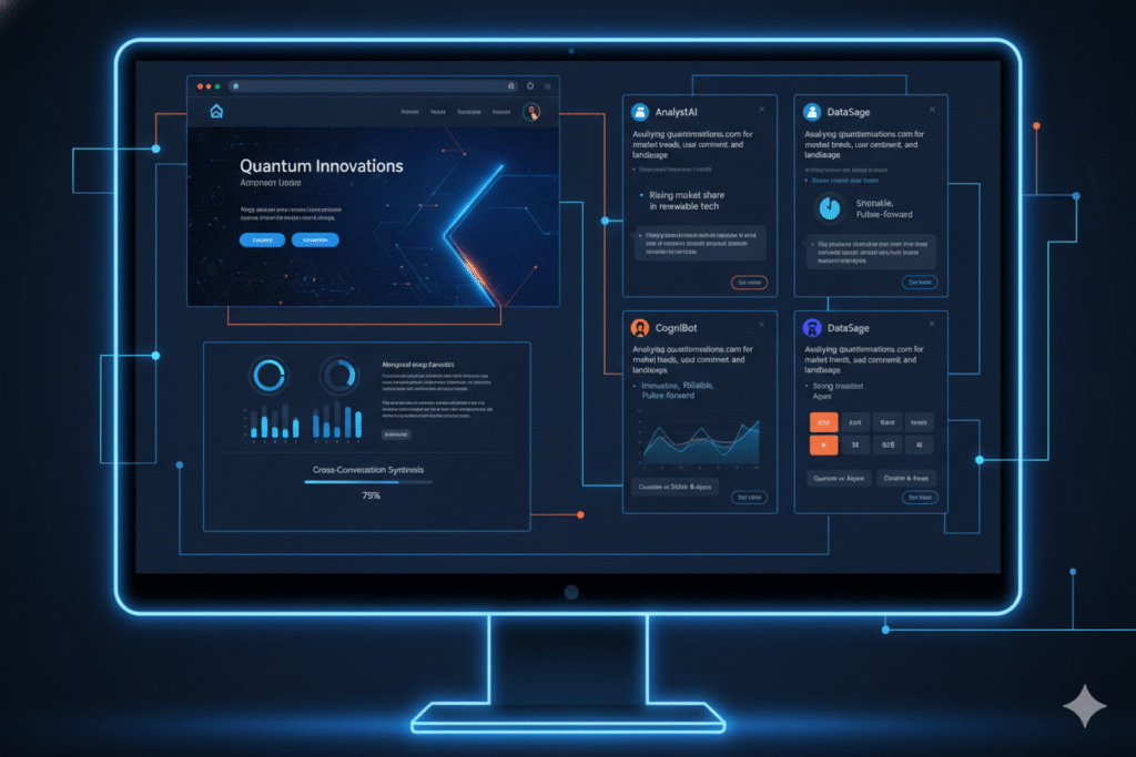 Dashboard mockup showing split-screen with multiple AI conversations analyzing the same website simultaneously