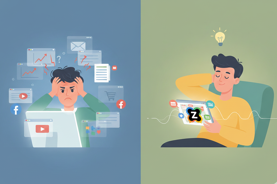 Split-screen illustration showing a stressed person with multiple tabs open vs a relaxed person using one unified platform