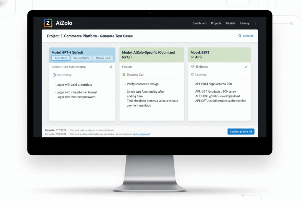 Screenshot mockup of AiZolo's interface showing multiple AI models generating test cases side-by-side