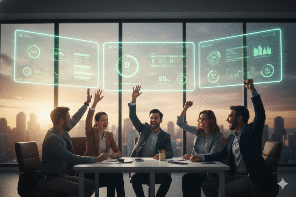  Hero image showing a confident QA team celebrating successful test execution with AI-powered dashboards in the background