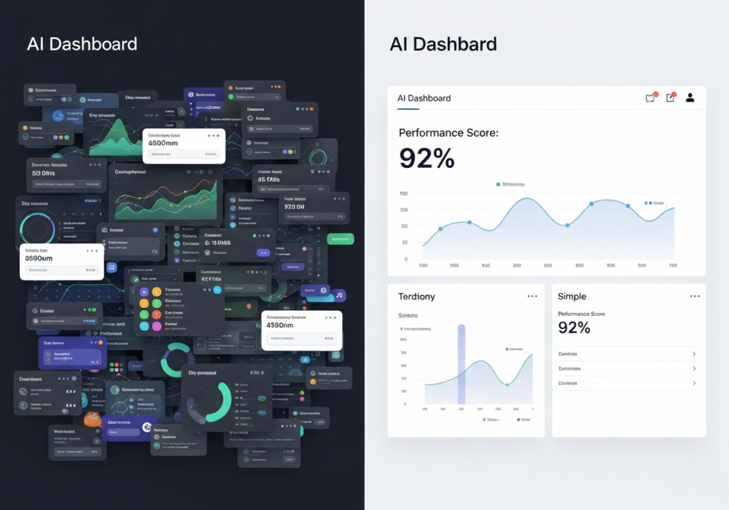 Split screen showing cluttered vs. minimalist AI dashboard interface