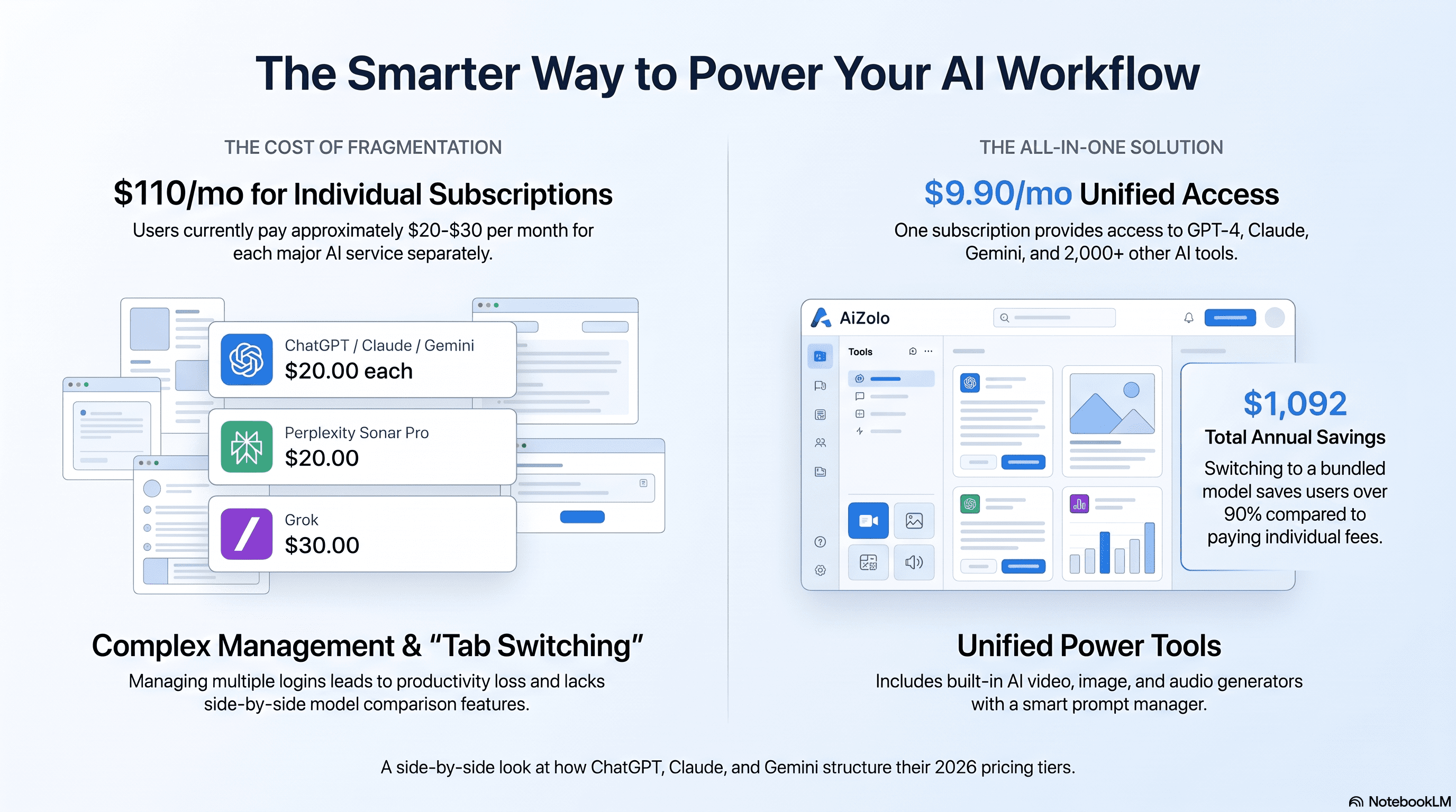 ChatGPT vs Claude vs Gemini cost 2026 pricing comparison infographic