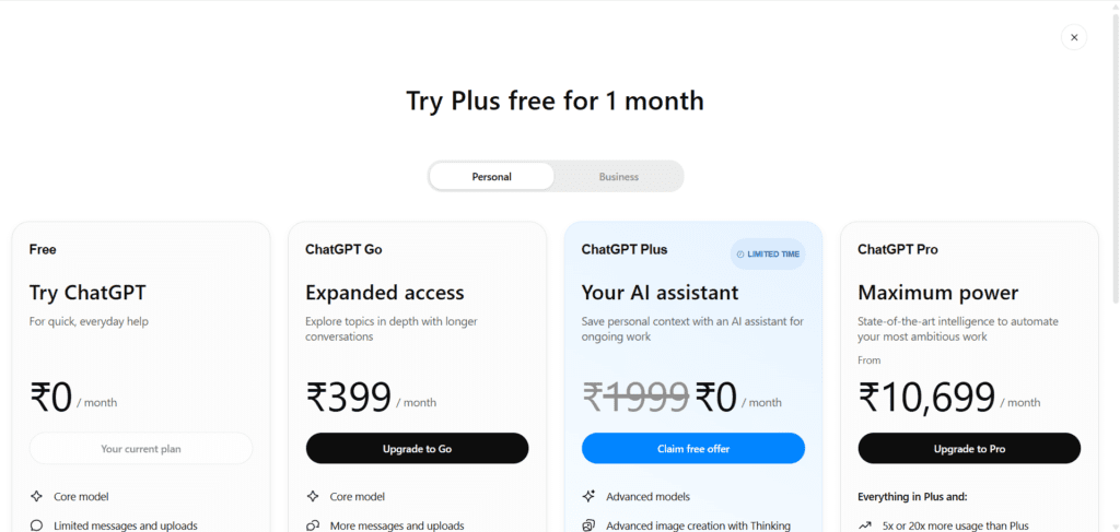 ChatGPT Plus pricing page showing $20/month plan features