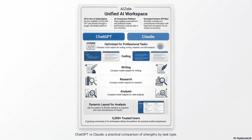 ChatGPT and Claude open side by side in a multi-model AI workflow platform