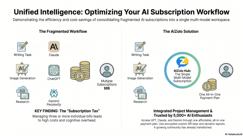 AI workflow diagram showing how a multi-model subscription replaces three separate AI platform subscriptions.