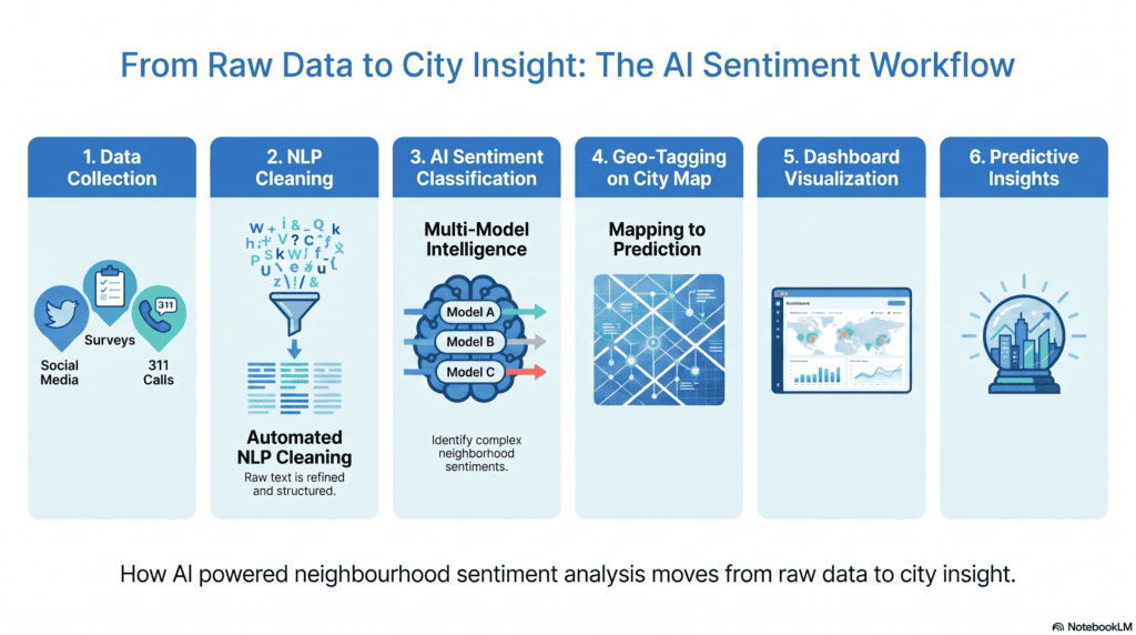 AI powered neighbourhood sentiment analysis six-step workflow diagram