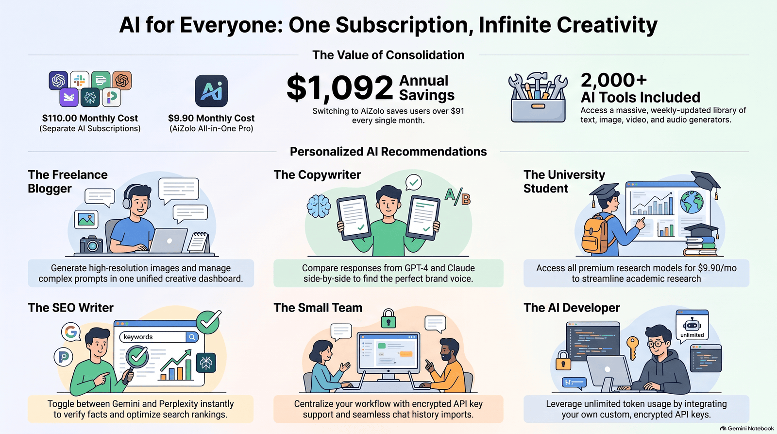 The Best Affordable AI Writing Software in 2026: A Practical Buyer's Guide 6 Grid graphic matching writer personas to recommended affordable AI writing software types.