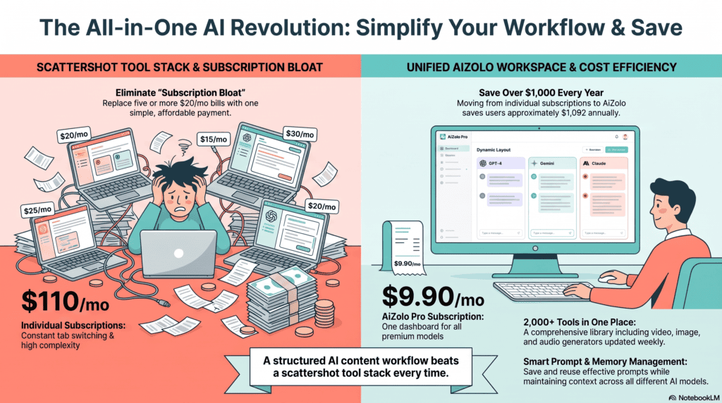 Before and after illustration of an organized AI content creation workflow