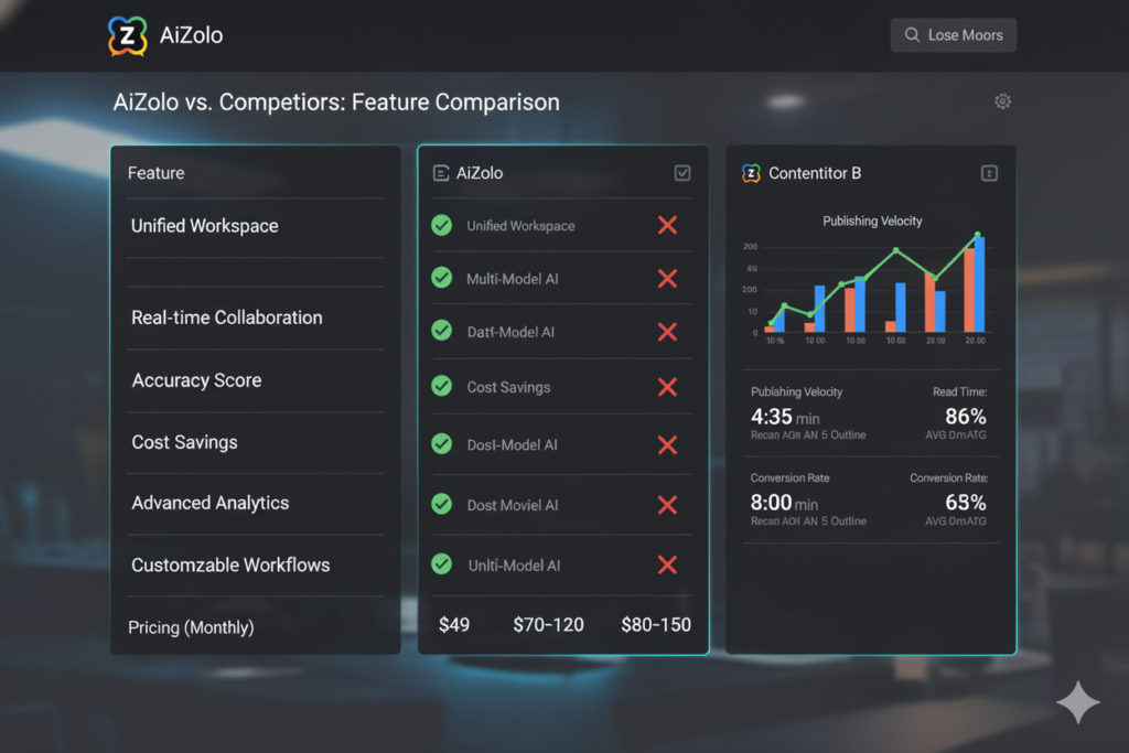Comparison table showing AiZolo vs competitors with checkmarks and features