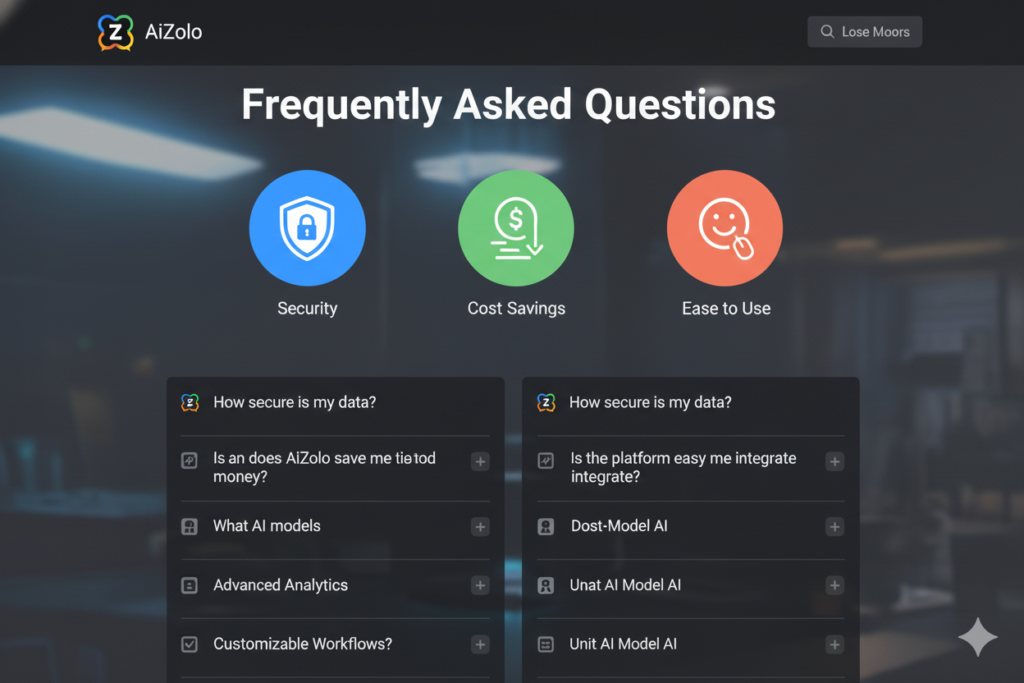 Clean FAQ section design with icons representing security, cost savings, and ease of use