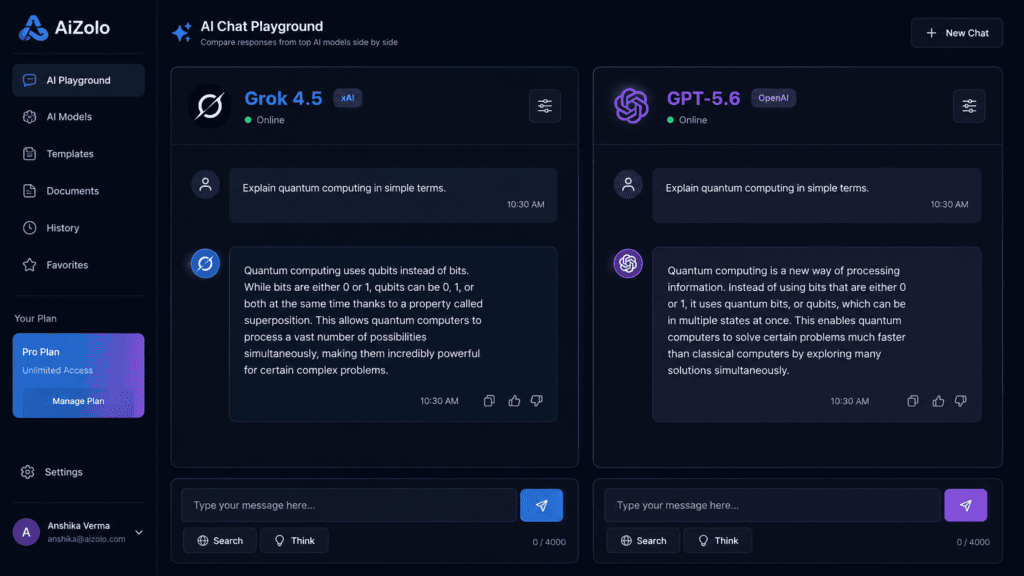 Use Grok 4.5 and GPT 5.6 in One Dashboard Free: A 2026 Working Guide 4 use grok 4.5 and gpt 5.6 in one dashboard free — AiZolo model comparison screen