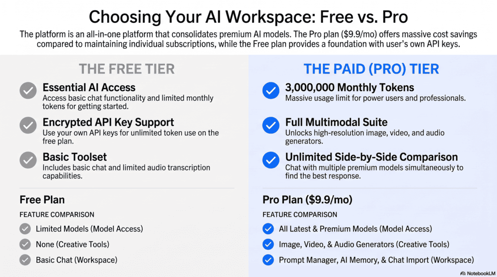 Comparison graphic of free versus paid AI tool tiers.