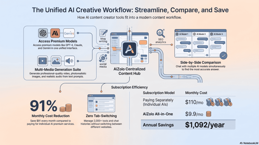 Diagram of AI content creator tools workflow connecting writing, design, and SEO