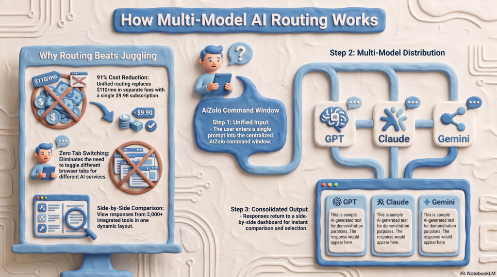 Diagram showing how a multi model AI platform routes prompts to different models
