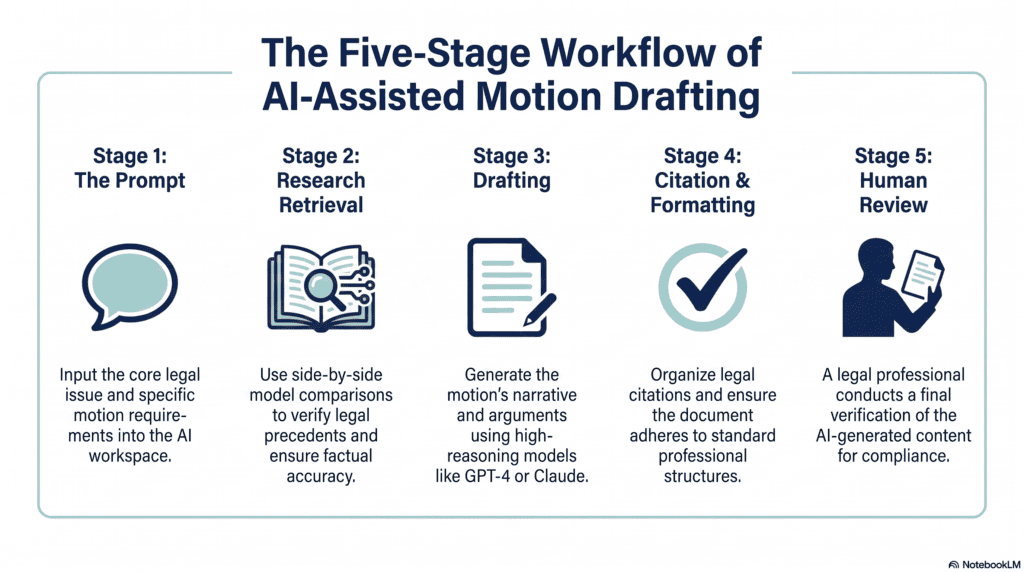 Diagram showing the AI legal motion drafting workflow from prompt to human review