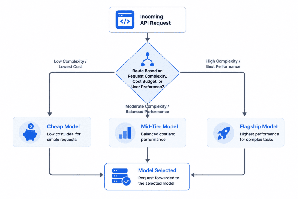 Flowchart showing API requests routed to cheap, mid-tier, or flagship AI models based on task complexity