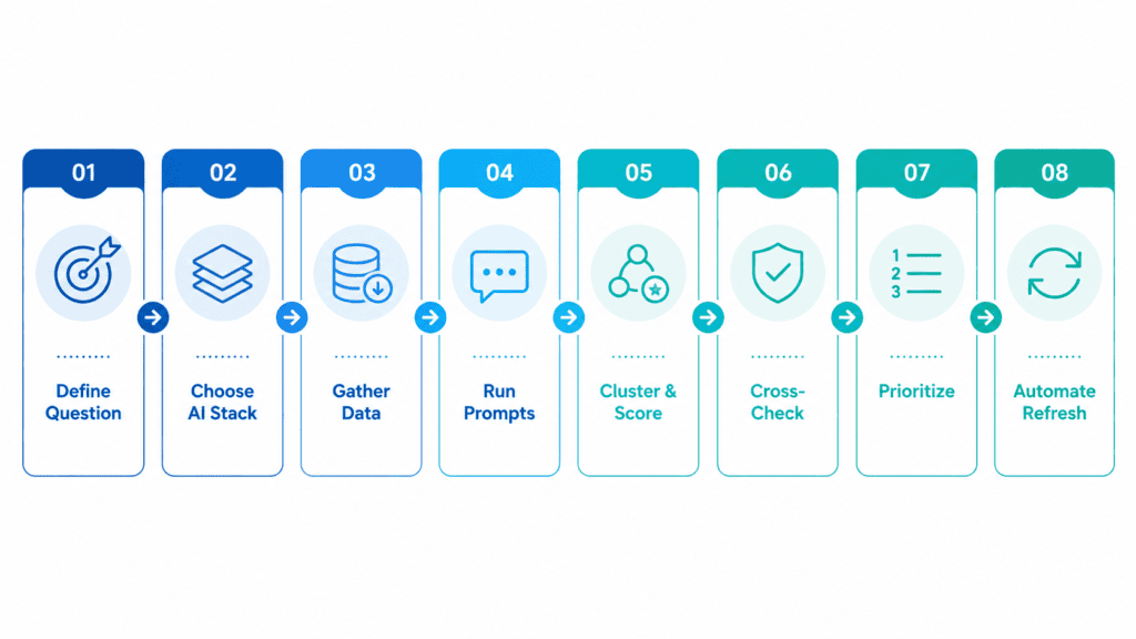 Flowchart showing the 8-step AI automated market gap analysis workflow from defining the question to automating refresh cycles
