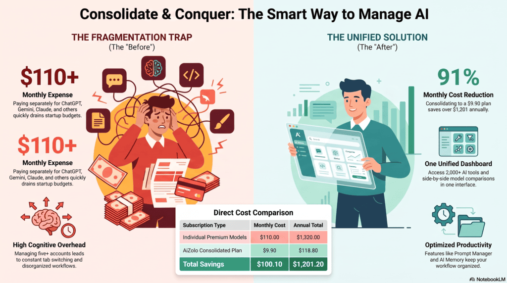 Founder comparing multiple AI subscriptions versus one consolidated AI plan