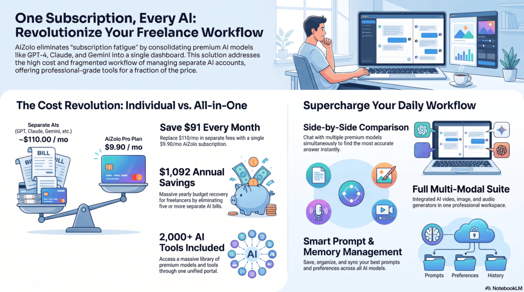 Freelancer using an AI tools bundle for freelancers 2026 on a laptop
