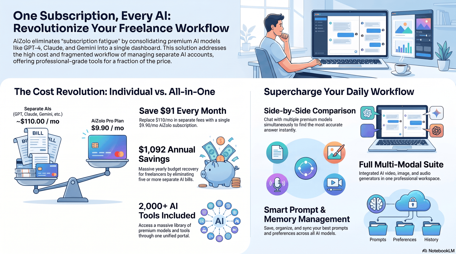 Freelancer using an AI tools bundle for freelancers 2026 on a laptop
