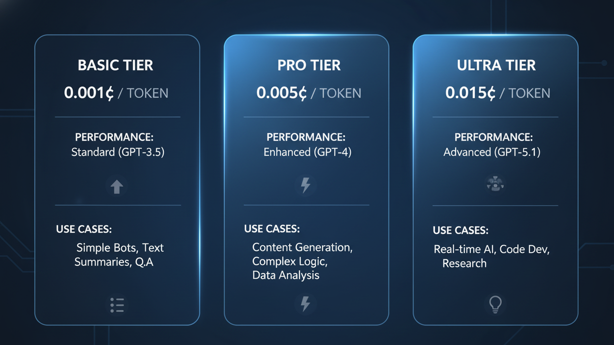 Infographic showing three pricing tiers with token costs, performance levels, and use cases