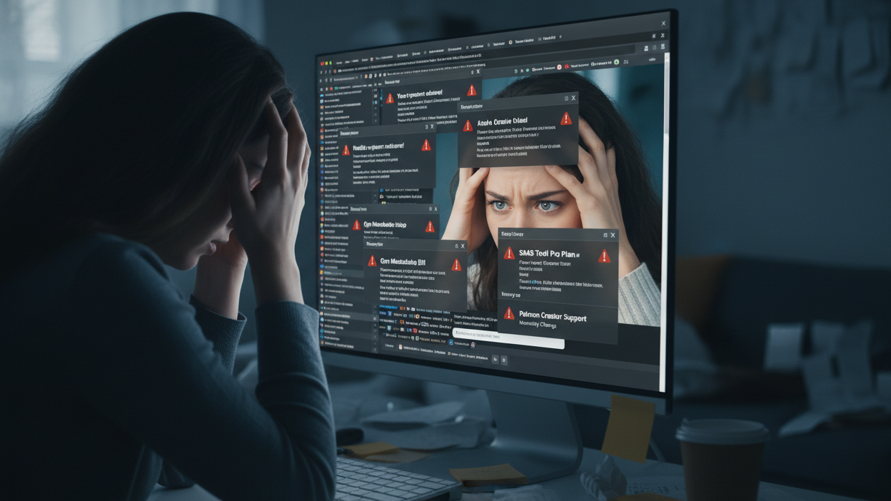 Frustrated person surrounded by multiple subscription payment notifications and browser tabs
