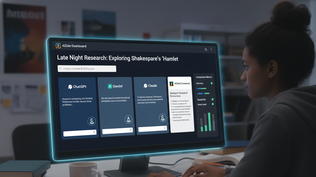 Student working late at night with AiZolo showing multiple research perspectives