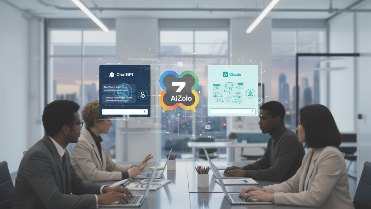 Futuristic workspace with AI models collaborating holographically