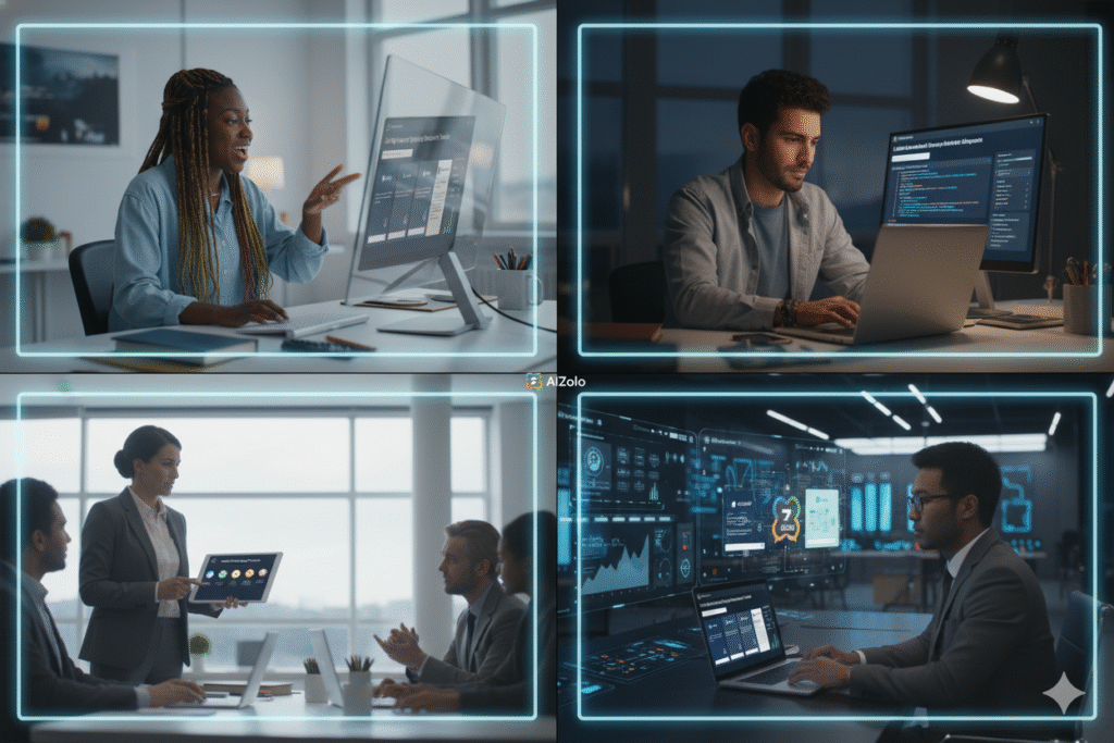 Diverse professionals using AiZolo in different work environments