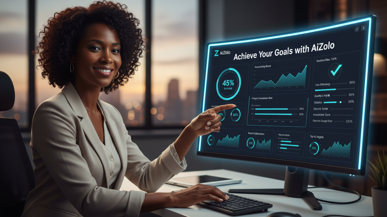 Hero image showing confident professional using AiZolo with success metrics displayed