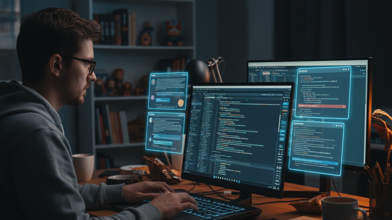 Developer working on laptop with code on screen and multiple AI chat windows open]
