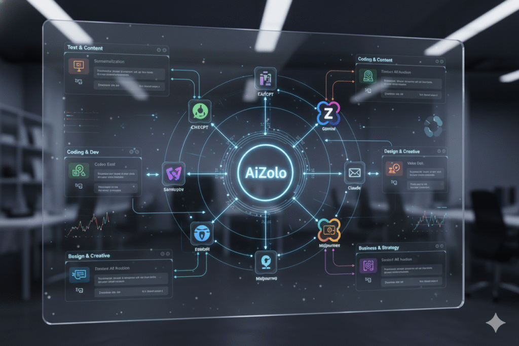 Futuristic tech interface showing interconnected AI models and tools]