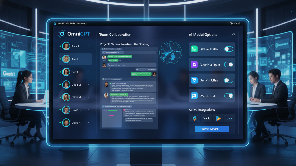 OmniGPT dashboard showing team collaboration features and various AI model options