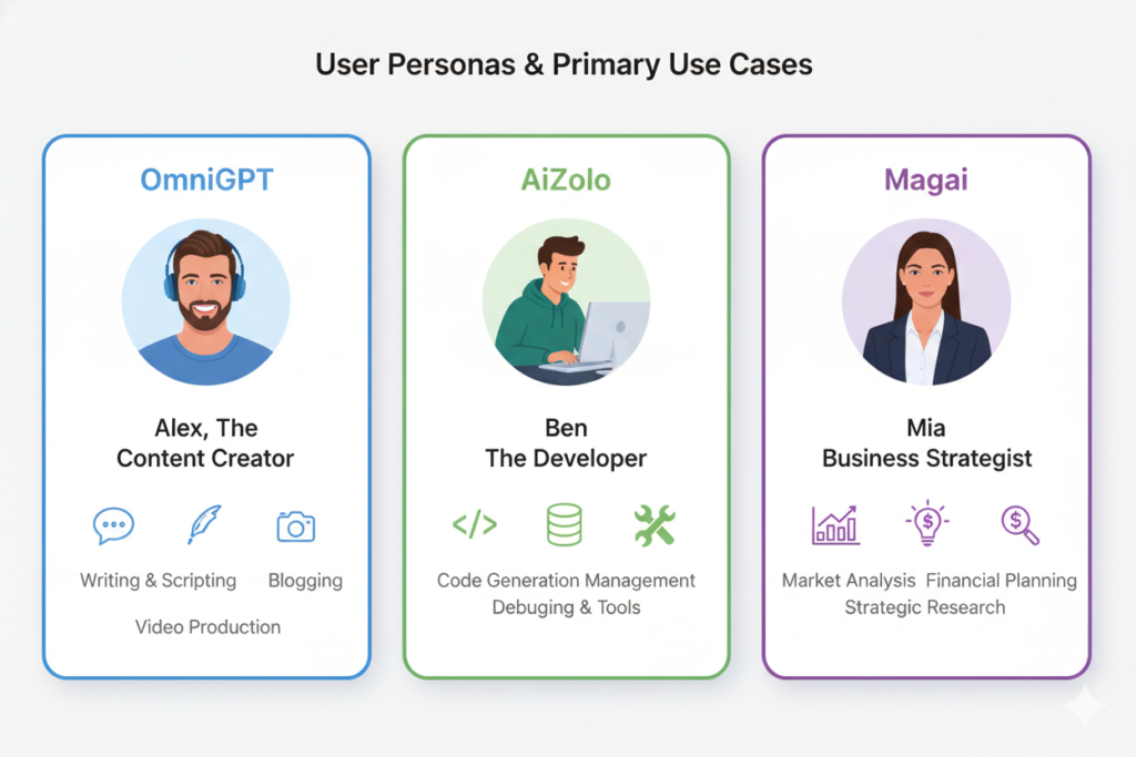 Three user personas with icons showing their primary use cases for each platform)