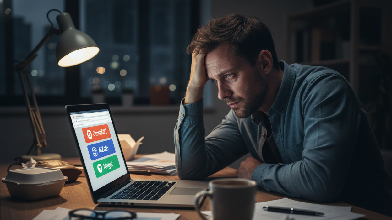 Exhausted entrepreneur at laptop late at night, multiple browser tabs open, coffee cup, frustrated expression]