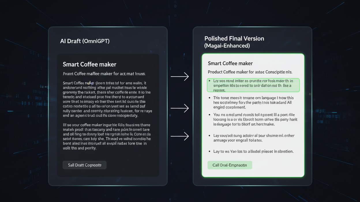 Split screen showing AI-generated product description on left, polished final version on right with highlighted improvements]