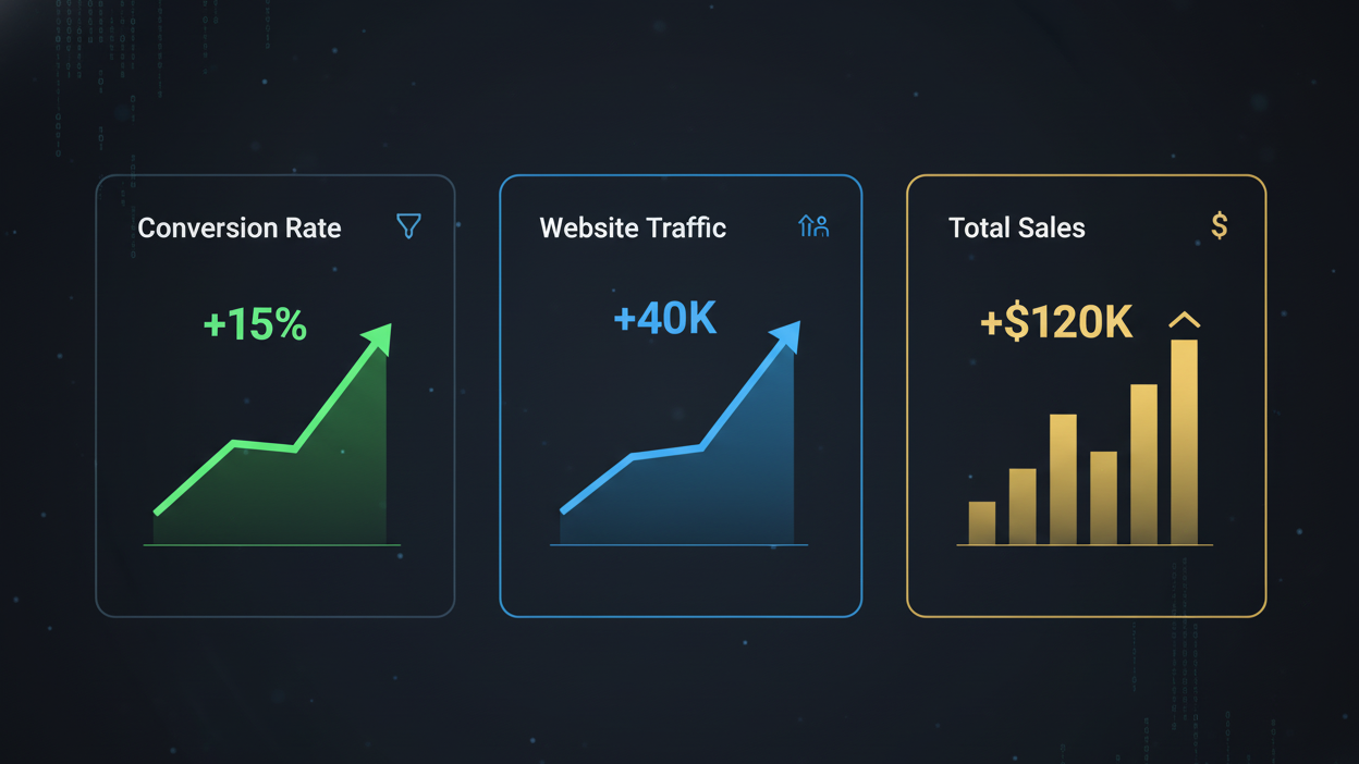 Success metrics dashboard showing increased conversion rates, traffic, and sales graphs]