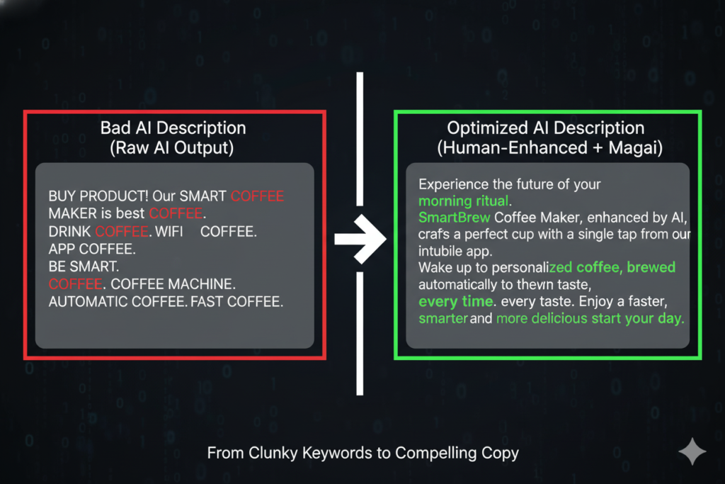 Side-by-side comparison showing "Bad AI Description" (robotic, keyword-stuffed) vs "Optimized AI Description" (natural, persuasive, customer-focused)]